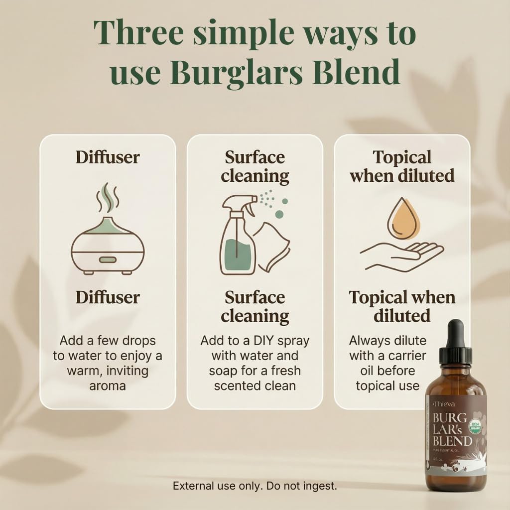 THIEVA Burglar’s Blend Essential Oil 4 oz – USDA Organic Pure Oil Blend for DIY Household Cleaning Seasonal Home Wellness and Diffuser Aromatherapy