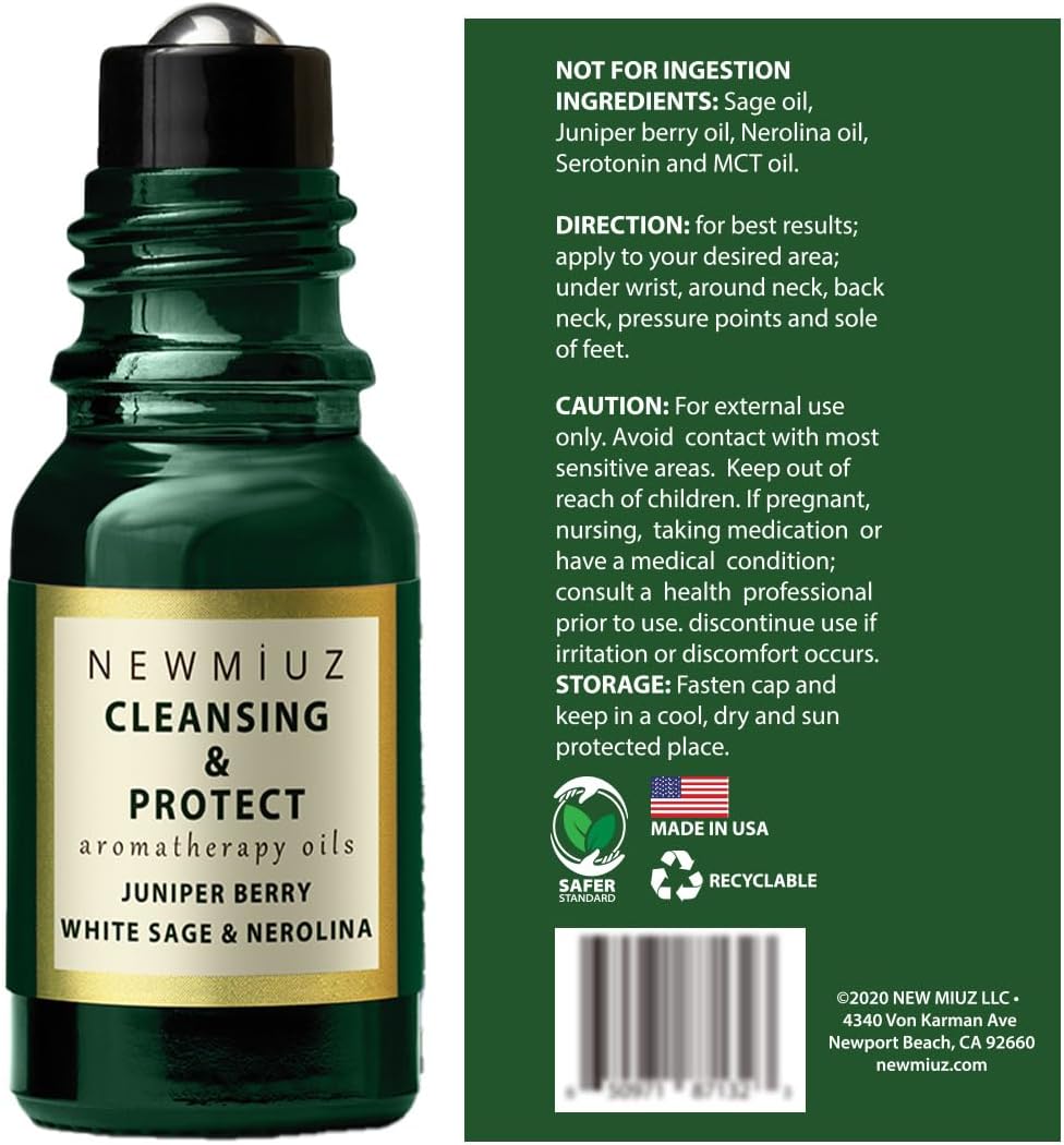 Roll-On Essential Oil Blends Focus Memory Concentration Orange Ginger Patchouli & Cleansing and Protect Juniper Berry White Sage with Nerolina, Pack of 2