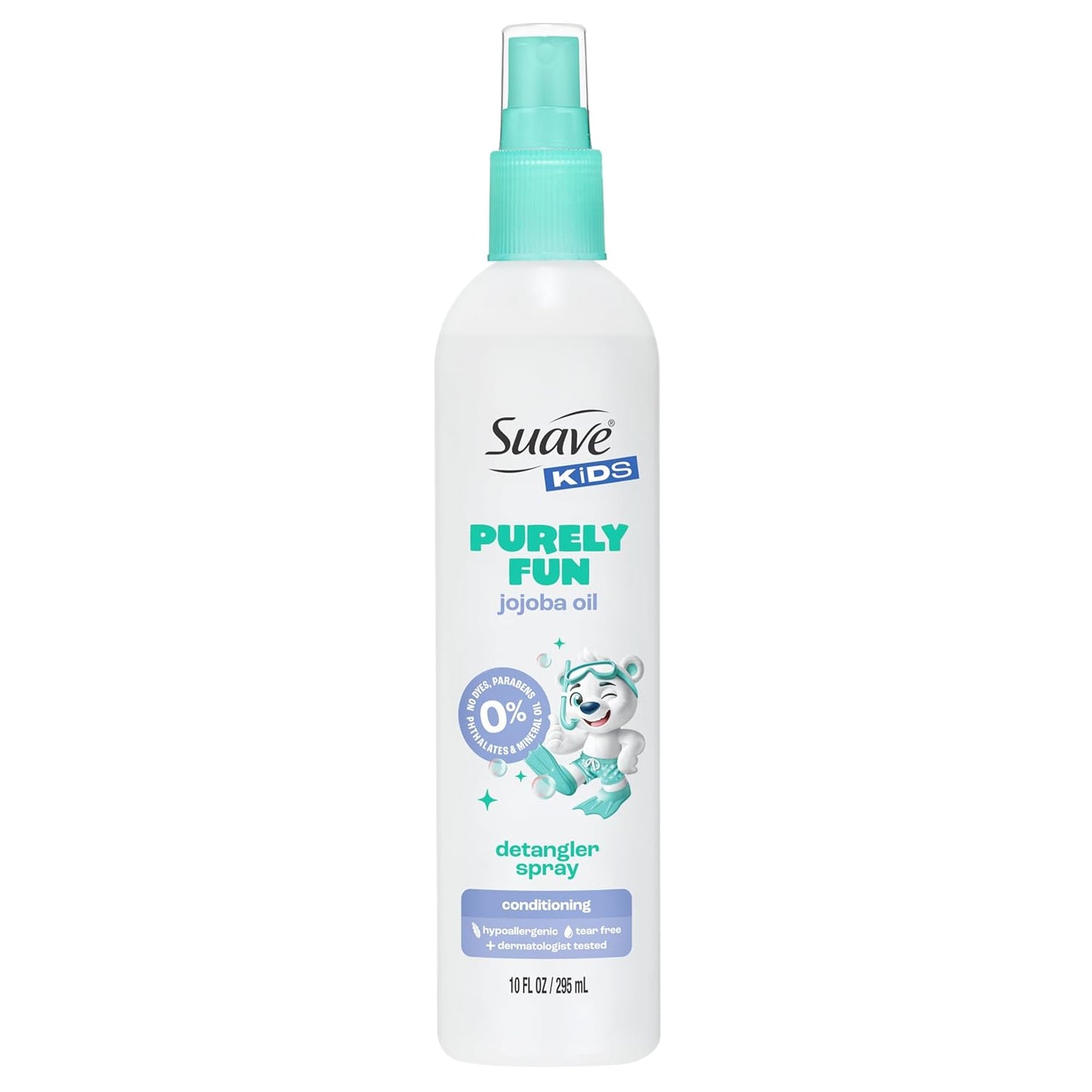 Suave Kids Purely Fun Jojoba Oil Conditioning Detanger Spray, with 100% natural Jojoba Oil, 0% dyes, parabens, phthalates, and mineral oil, Tear Free 10 oz