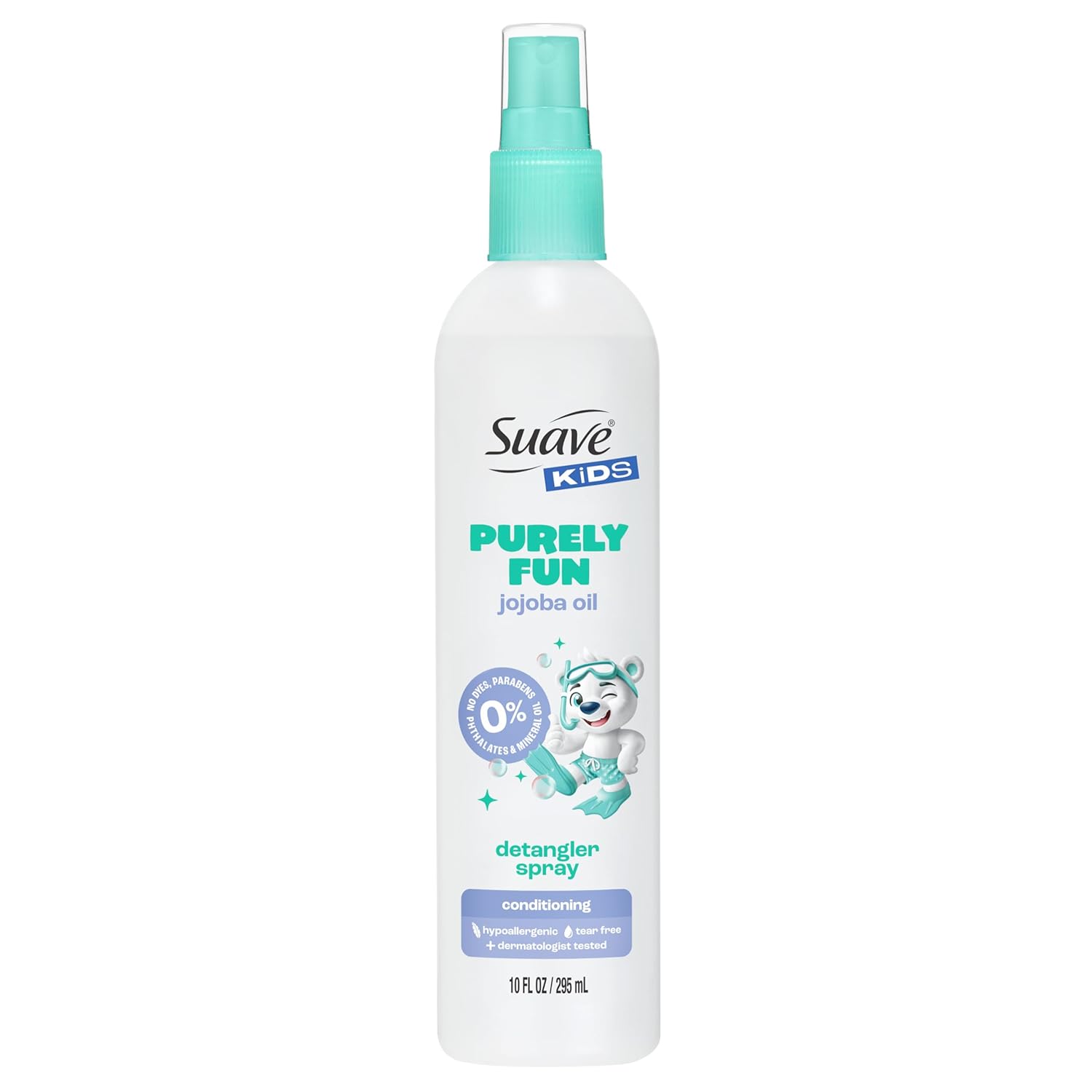 Suave Kids Purely Fun Jojoba Oil Conditioning Detanger Spray, with 100% natural Jojoba Oil, 0% dyes, parabens, phthalates, and mineral oil, Tear Free 10 oz