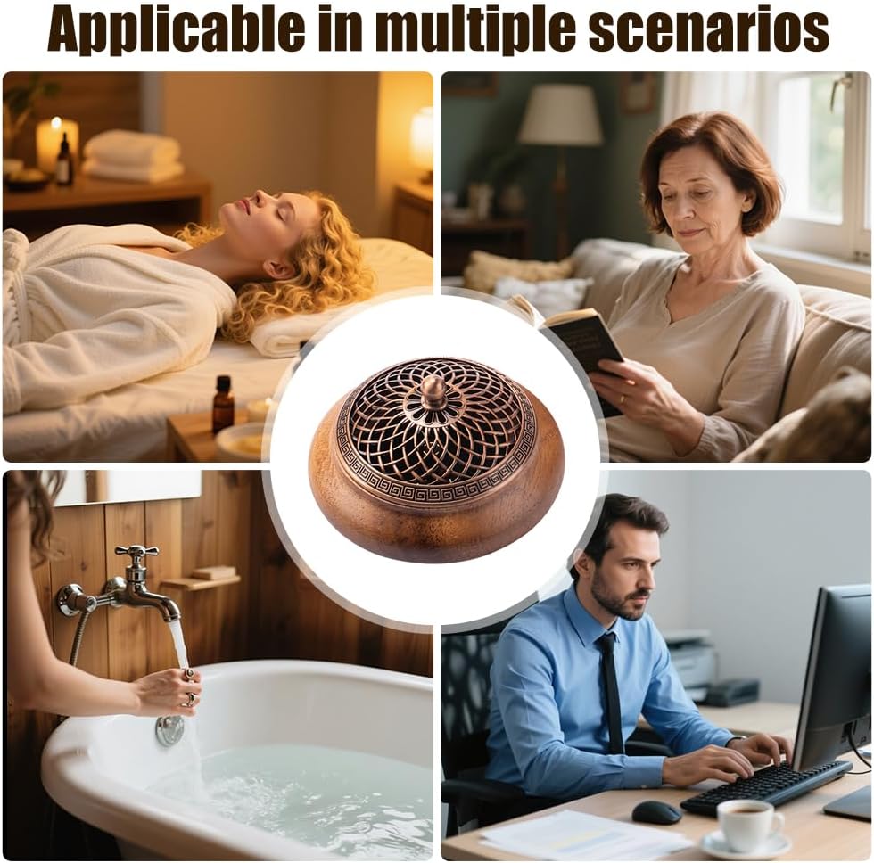Round Incense Burner - Handcrafted Wooden Censer with Alloy Lid for Sticks/Cones/Sage, Natural Wood Aroma Tray Holder for Yoga Meditation