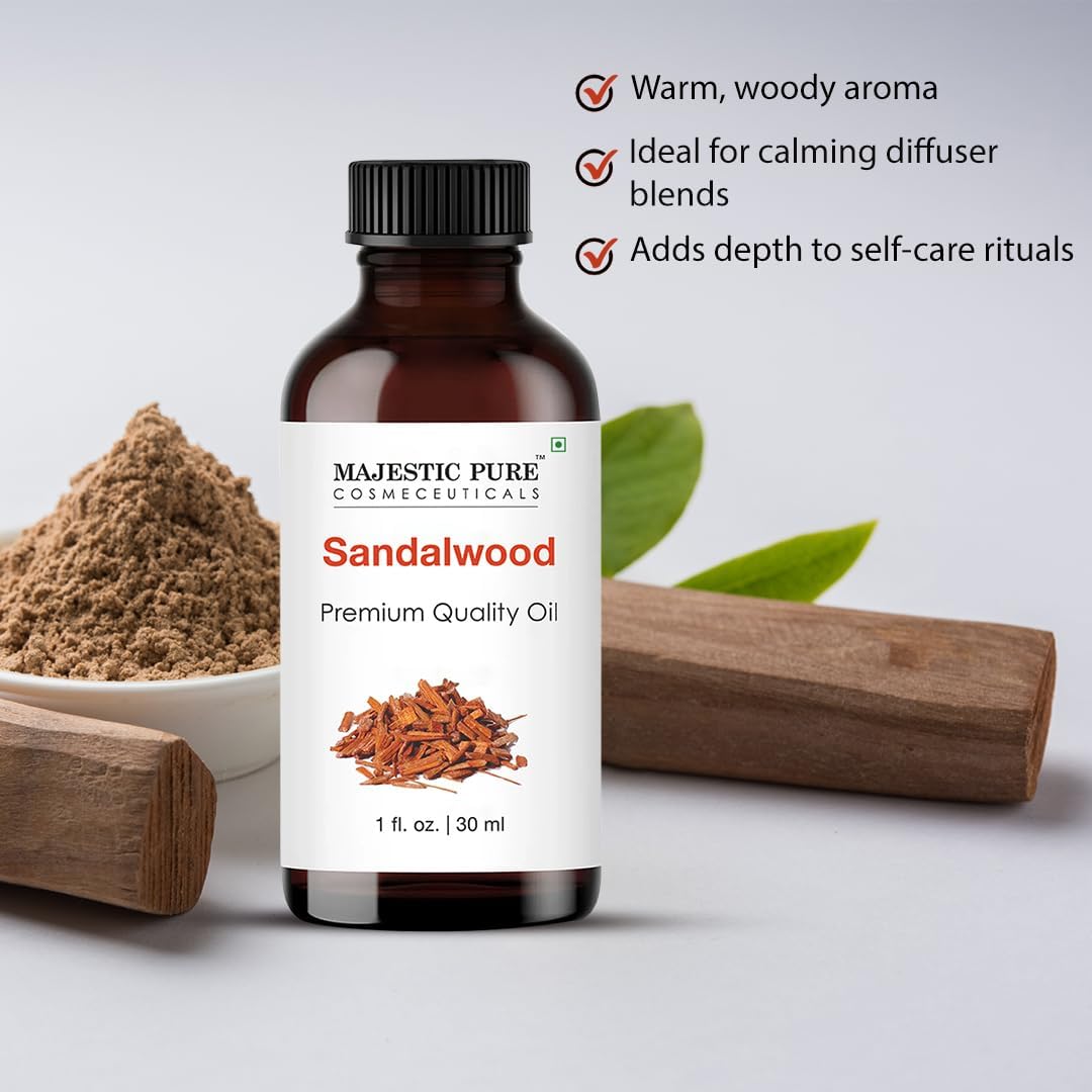 Majestic Pure Essential Oil with Glass Dropper - 100% Pure and Natural - Essential Oils for Diffuser, Aromatherapy, Soap and Candle Making, Sandalwood Essential Oil, Sandalwood Oil, 1 Fl Oz