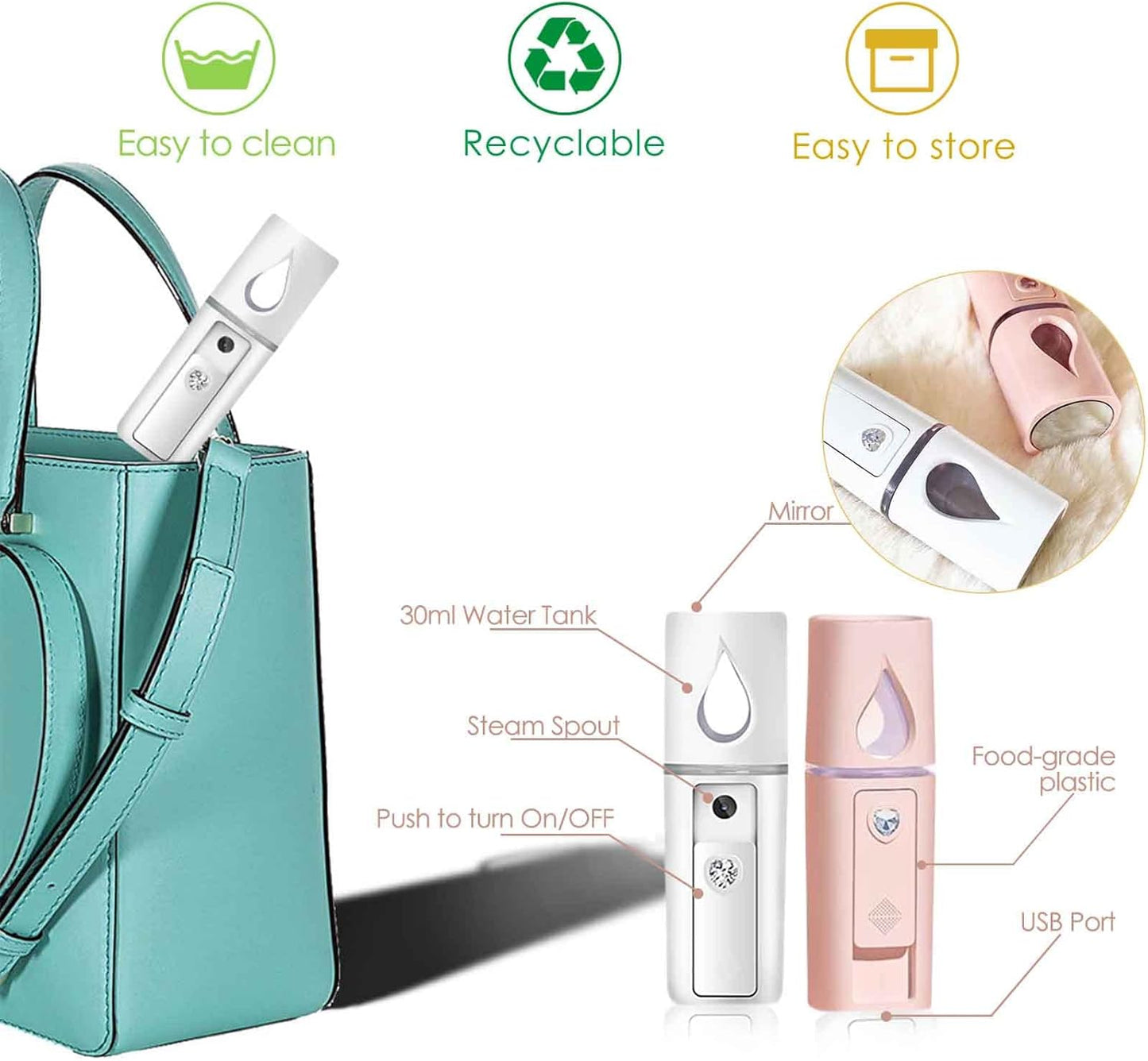GIVERARE Nano Facial Steamer, Handy Mini Mister with Mirror, USB Rechargeable Mist Sprayer, Visual Water Tank Moisturizing&Hydrating for Face, Makeup, Skin Care, Eyelash Extensions-Pink