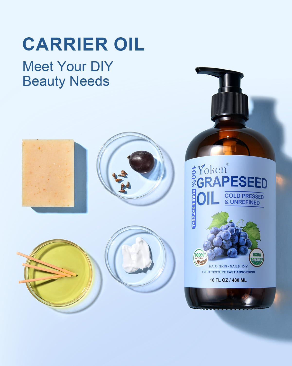 Yoken Organic Grapeseed Oil 16 oz GLASS BOTTLE - USDA 100% Pure & Natural Cold Pressed Grape Seed Carrier Oil for Skin & Hair - Single Ingredient, Hexane Free, Light & Silky Body Moisturizer