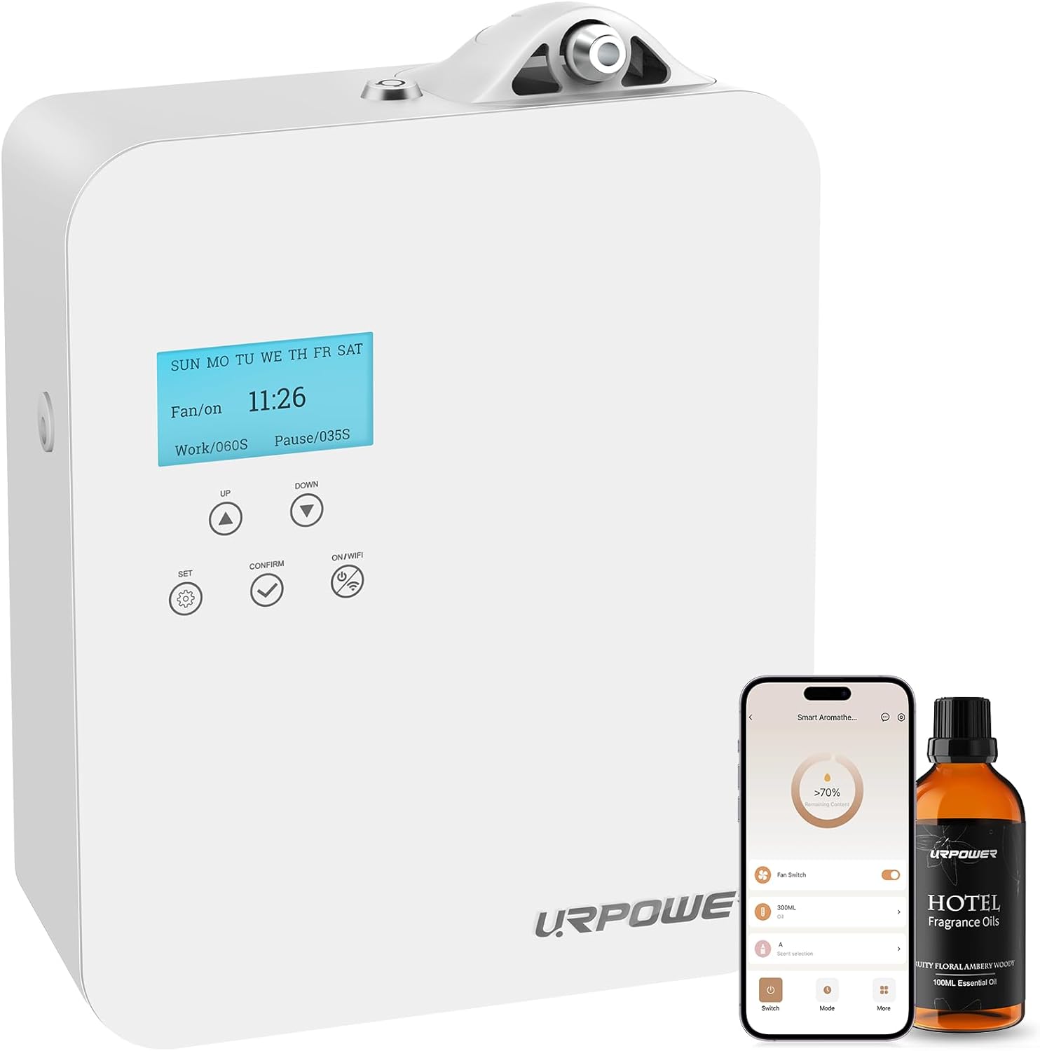 URPOWER 300ml Waterless Nebulizing Scent Diffuser Up to 3000 Sq Ft, Smart APP Control HVAC/Wall Cold-Air Aromatherapy Machine with Lockable Oil Bottle for Home/Office/Hotel Starter Oil Included