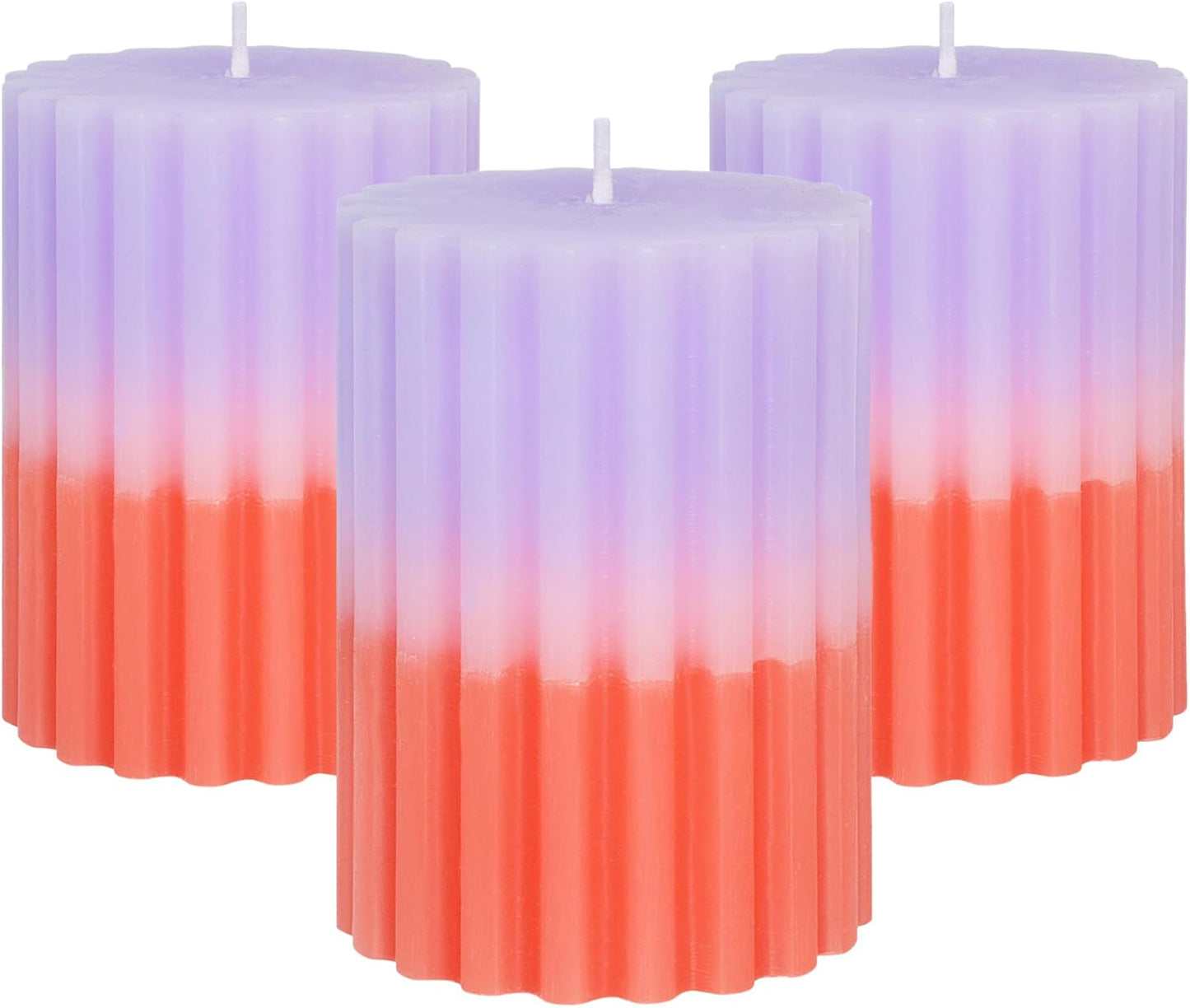 Ribbed Pillar Candles Purple Coral Gradient Vanilla Scented 3x4 Inch Candle Handmade Striped Aesthetic Retro Textured Pillar Candle for Boho Home Decor, Coffee Table, Weddings Party, 3-Pack
