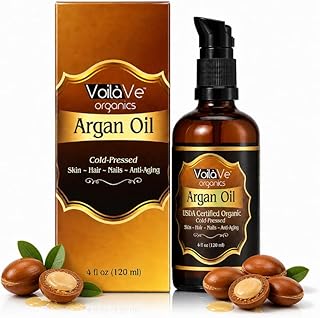 VoilaVe USDA Pure Organic Moroccan Argan Oil for Skin, Nails & Hair Growth, Anti-Aging Face Moisturizer, Cold Pressed, Hair Moisturizer, Rich in Vitamin E, As Seen On TV - 4 fl oz