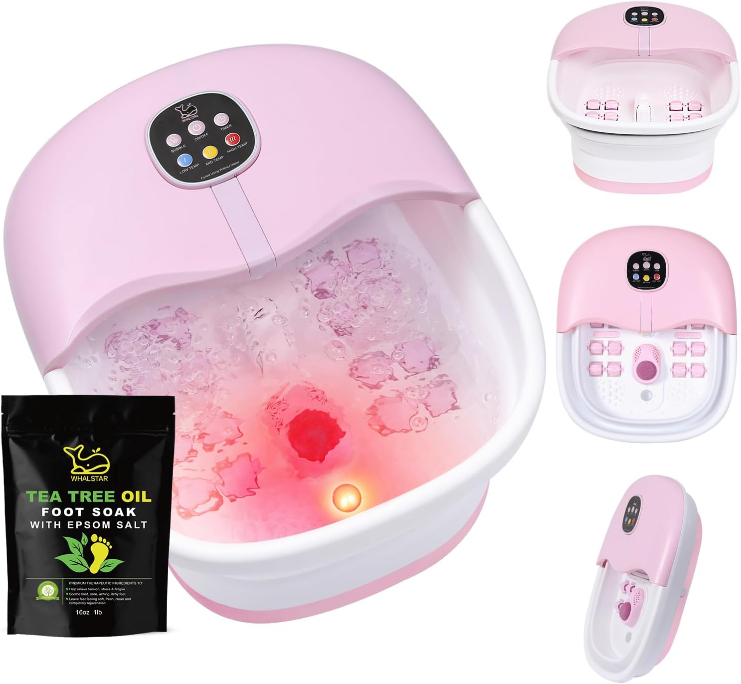 Collapsible Foot Spa Bath Massager with Heat Bubbles and Vibration Massage and Jets, 16oz Tea Tree Oil Foot Soak with Epsom Salt, Foot Bath Basin with Red Light & Remote - Pink