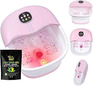 Collapsible Foot Spa Bath Massager with Heat Bubbles and Vibration Massage and Jets, 16oz Tea Tree Oil Foot Soak with Epsom Salt, Foot Bath Basin with Red Light & Remote - Pink