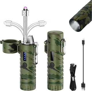 Electric Lighter, Flexible Neck Plasma Arc Lighter, USB C Rechargeable Lighters, Windproof and Waterproof Lighters with Flashlight for Candles, Hiking, Camping, Outdoor Adventure (Camouflage)