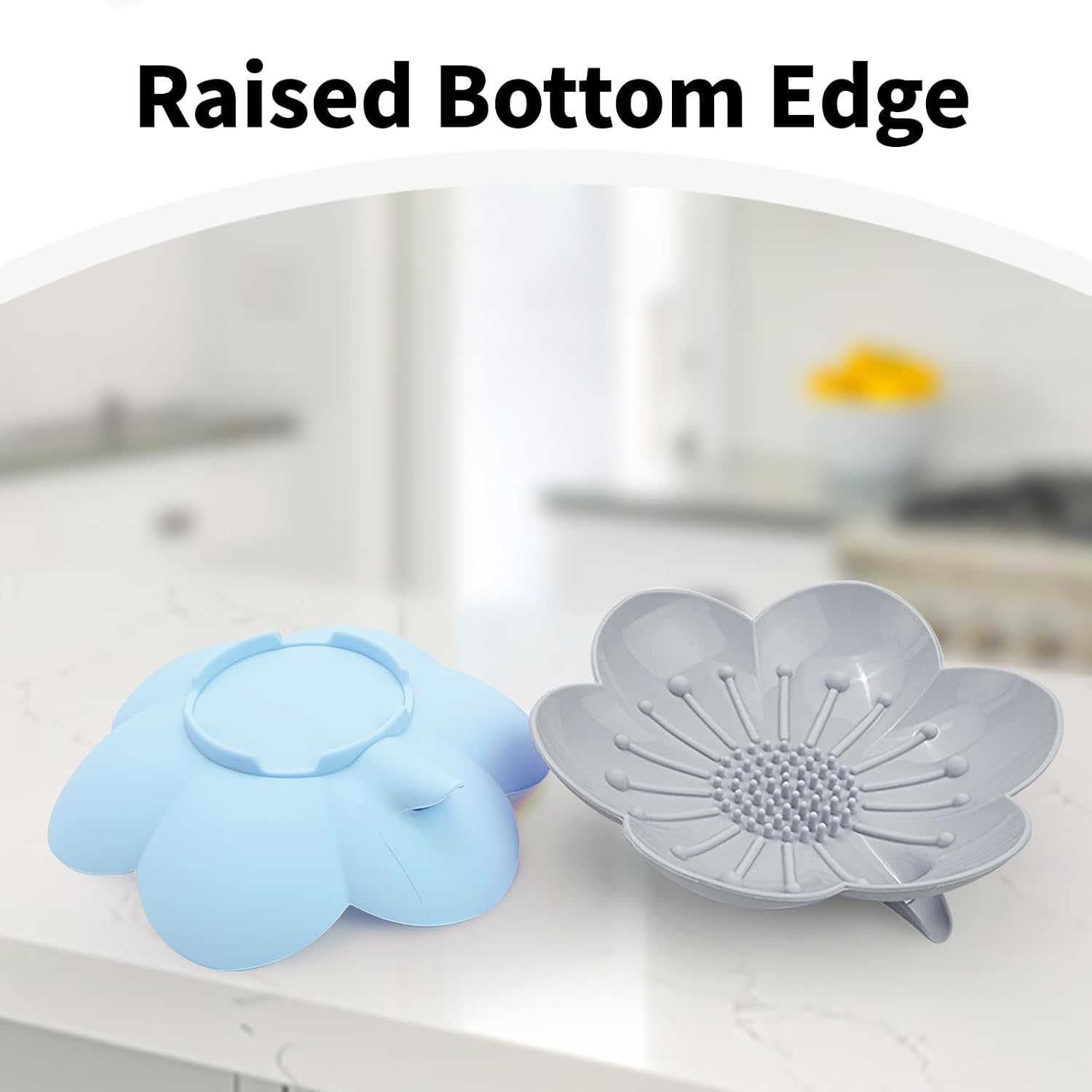 Soap Dishes 2 Pack Self Draining XL Flexible Bar Holder for Shower Steamer, Silicone Flower Soap Saver Tray for Counter Bathtub Sink Bathroom Decor with Drainage -Mirror Surface Easy Clean, Grey/Blue