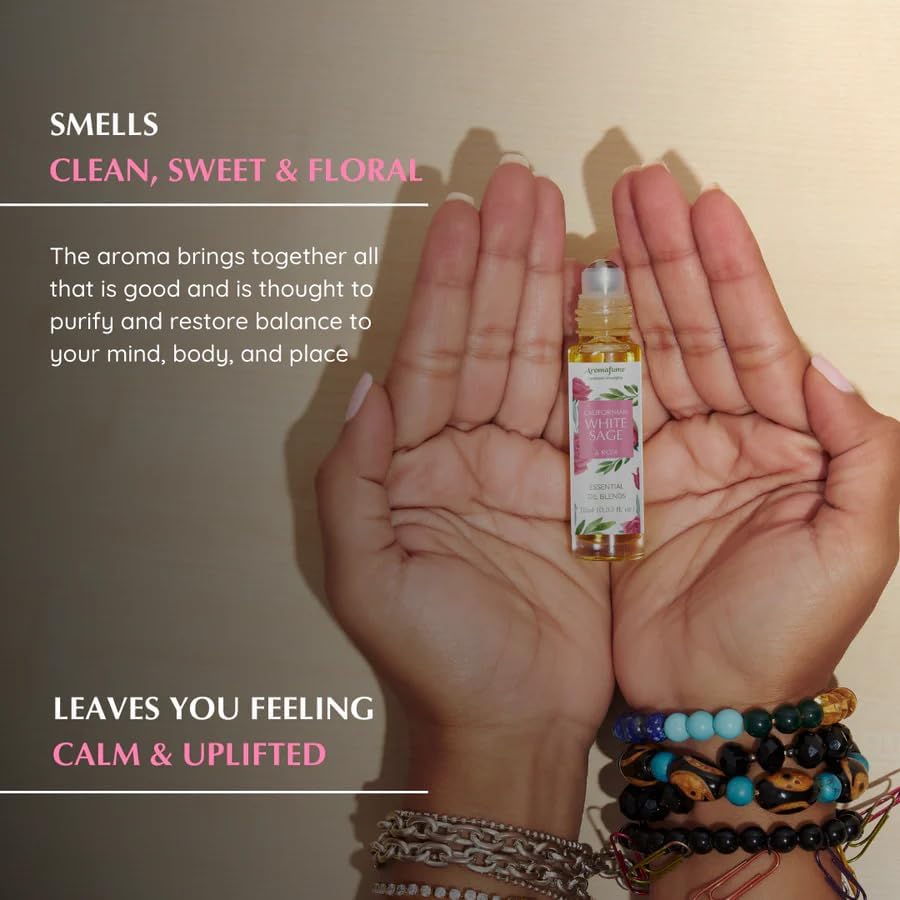 White Sage & Rose Essential Oil Roll-On Blend by Aromafume | 10ml/0.33 fl oz | Aromatherapy Oil for Cleansing Negative Energy & Protection | Ethically sourced sage Oil for smokeless smudging