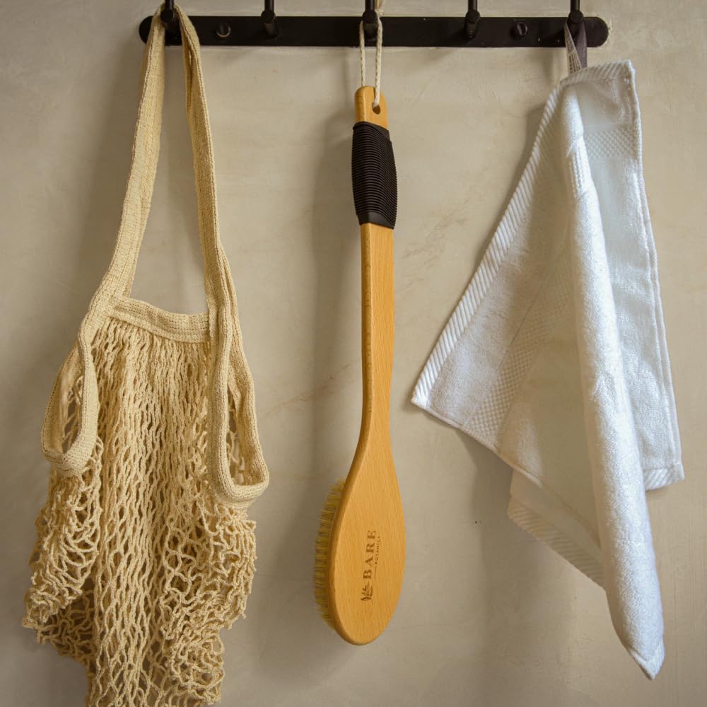 Bare Botanics 17" Dry Brushing Body Brush - Medium Firmness, Natural Color & Silicone Grip - Extra Long Bath Brush - Ergonomic Curved Handle Design w/Hang Rope - Back Scrubber for Shower