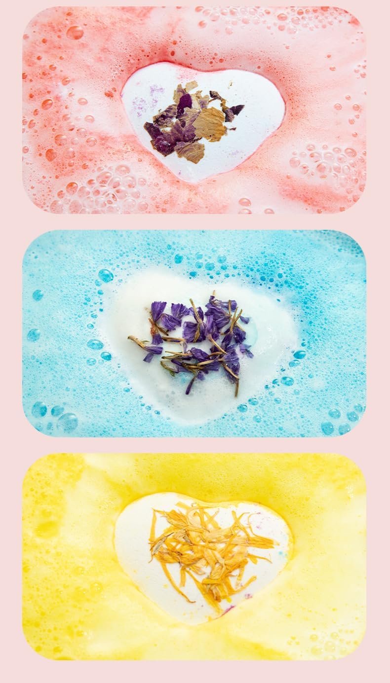 Luxury Valentine's Day Heart Bath Bombs Gift Set, 9 Large Moisturizing Bombs with Shea Butter, Natural Dried Flowers, Multiple Scents, Includes Rose Soap and Loofah