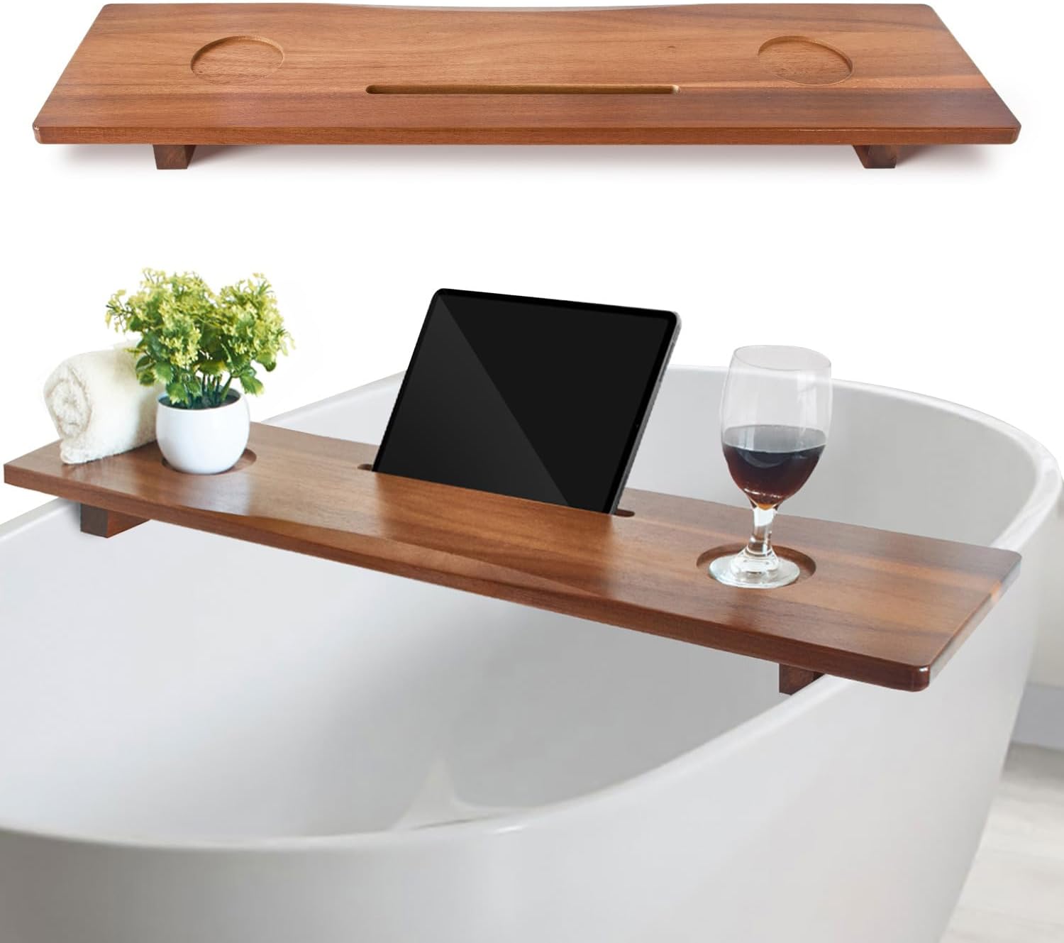 DAOYOUSKY Luxe Premium Acacia Wood Bathtub Tray Caddy with Adjustable Legs, 35x9 Inch Large Wooden Bath Tub Board, Anti-Tipping Bath Shelf Over Tub, Bathtub Accessories