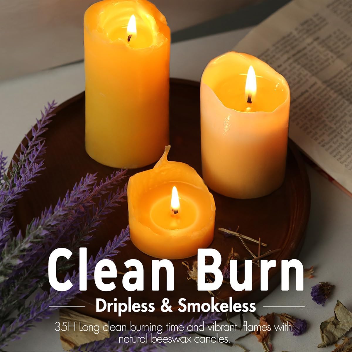 Beeswax Candles Pillar 3 Pack, 2x4 Inch Non Toxic Bees Wax Candle for Home, 35 Hour Natural Honey Scented Pillar Candle for Air Purification, Emergency, Meditation