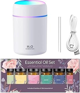 USB Essential Oil Diffuser with 6 Oils, Portable Ultrasonic Aromatherapy Diffuser for Home & Car, Cool Mist, 7-Color LED Night Light, Auto Shut-Off, One-Button Control,3 Colors (White)