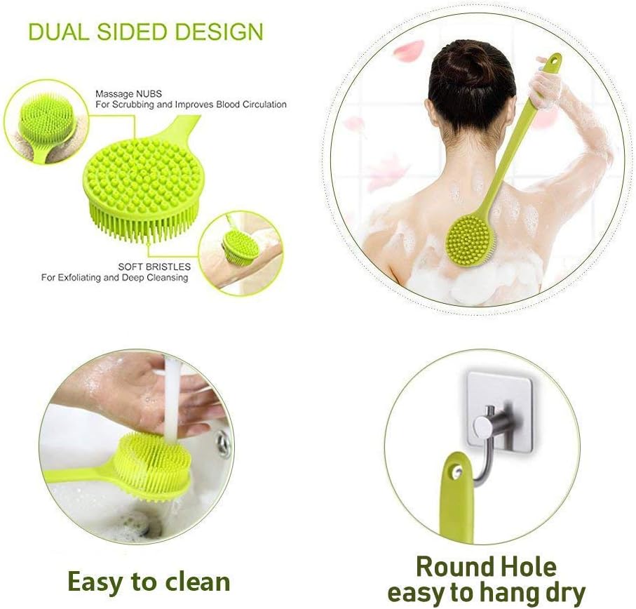 Long Handle Silicone Body Scrubber for Shower, Dual-Sided Back Scrubber Brush with Soft Bristles&Massage Nodes, Exfoliating Bath Brush for Hard to Reach Areas, Easy to Clean & Quick Dry, for Daily Use