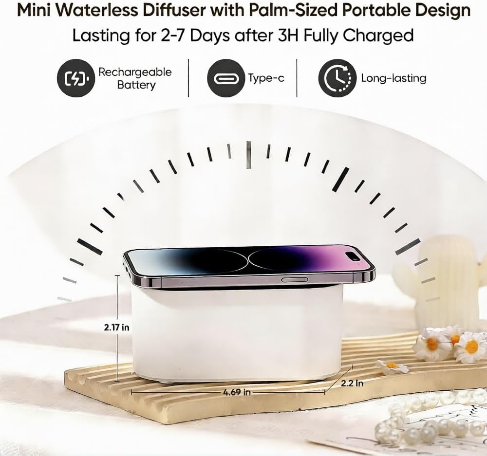 Lecdura Waterless Diffuser for Essential Oil, Battery Operated Scent Air Aromatherapy Diffuser, Mini Aroma Diffusers with 3 Intermittent Mist Modes, Cycle Start for 400-700 sq.ft Home Office Bedroom.