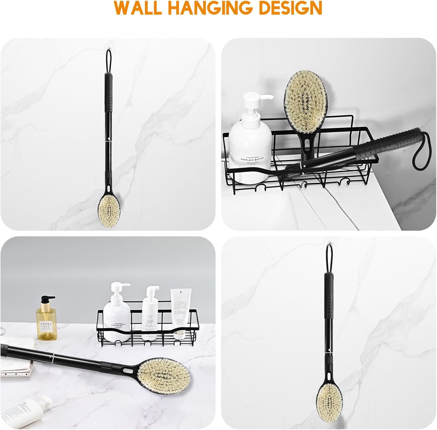 Back Scrubber for Shower with Long Handle, Dual-Sided Bath Brush for Wet & Dry Brushing, Soft & Stiff Bristles Body Exfoliator, Adjustable Detachable Shower Brush for Back, Legs & Feet