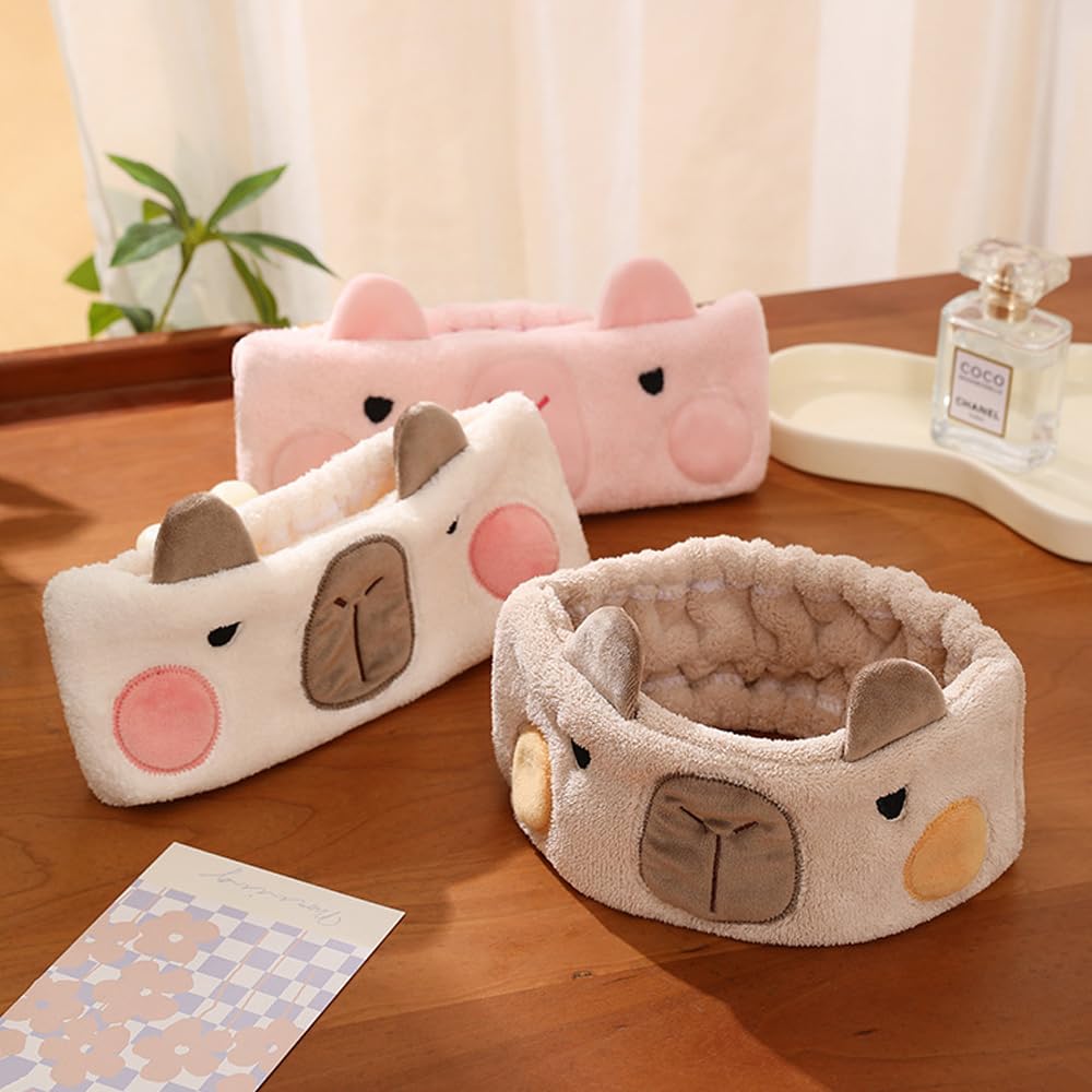 PERFECTSIGHT Kawaii Headband for Spa, Makeup, Washing Face, Party - 2 Pack Cute Hair Band for Shower Beauty Skincare, Soft Facial Headbands for Girls and Women (Brown+Pink Capybara)