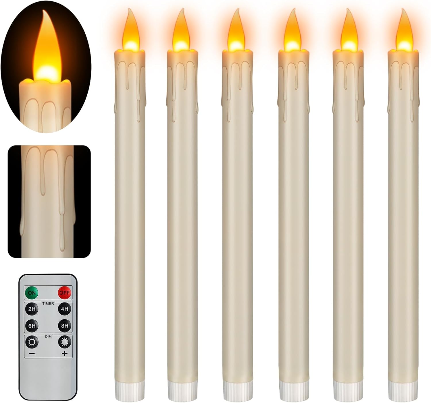 wemarry Flameless Taper Candles Realistic Flickering Flame, Battery Operated, Remote Control with Timer, Safe for Kids & Pets, Ivory, 10-Inch, Pack of 6 Ideal for Home, Weddings & Parties