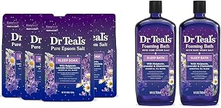 Dr Teal's Epsom Salt Soak & Foaming Bath Bundle with Melatonin, Lavender & Chamomile - 12 lb Salt Soak (4 Packs) & 68 fl oz Foaming Bath (2 Packs)