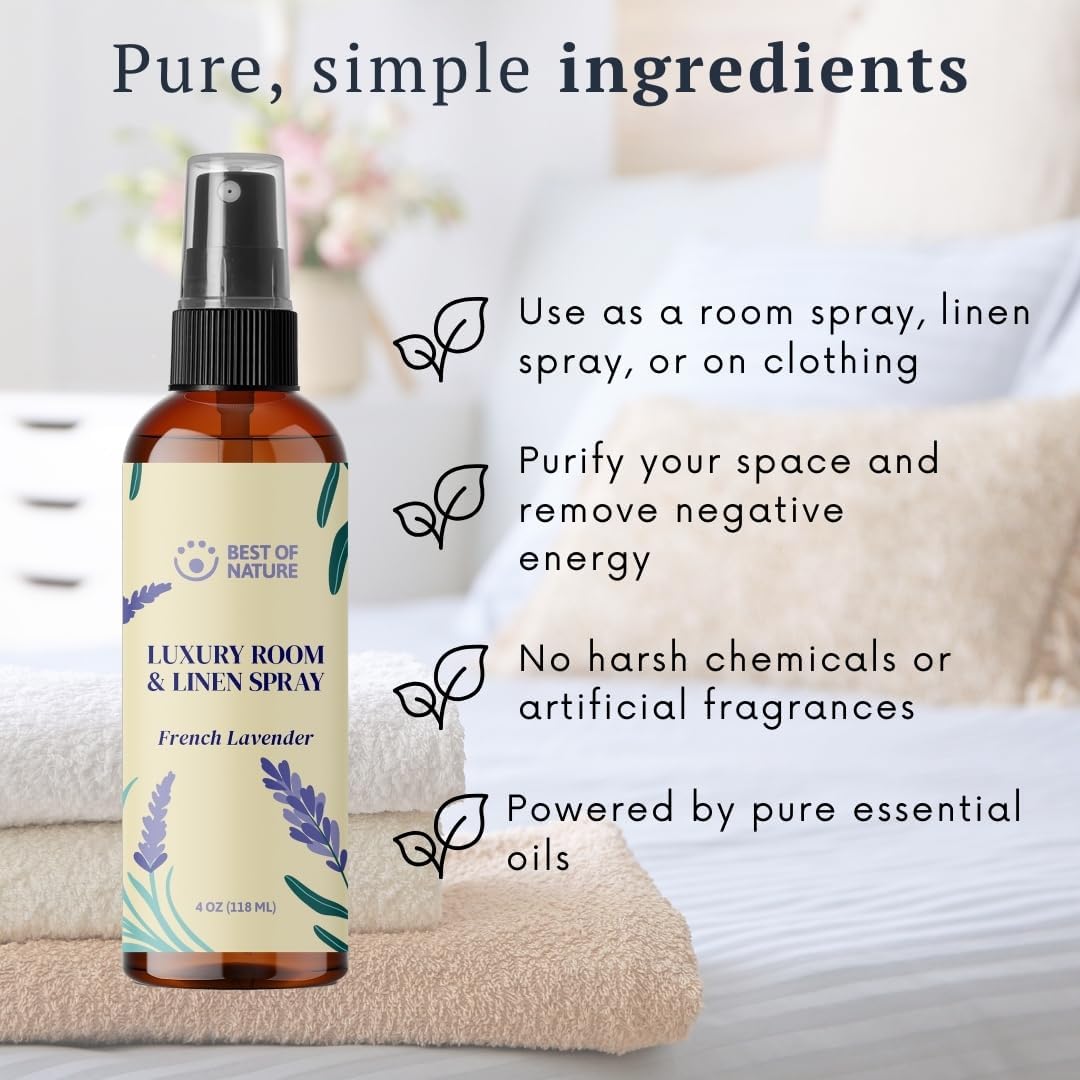 Best of Nature Luxury Room & Linen Spray – All-Natural Essential Oil Air Freshener for Home, Bedroom, Bathroom & Linens – Plant-Based, Family-Safe, Relaxing Aromatherapy Mist (French Lavender)
