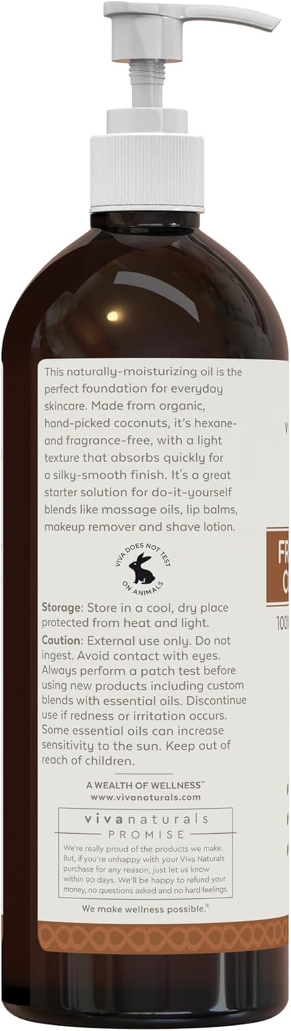 Viva Naturals Organic Fractionated Coconut Oil, 16 fl oz – Skin & Hair Moisturizer, Massage Oil, Carrier Oil for Essential Oils