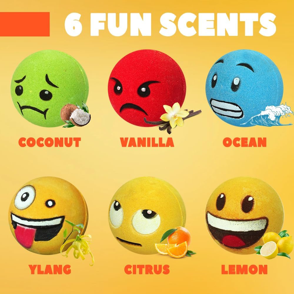 HZEX Large Emotion Face Bath Bombs Set of 6 – Fun Emoji-Inspired Spa Fizzies – Handmade with Shea Butter, Cocoa Butter & Essential Oils – Moisturizing Gift Set for Women, Men & Kids