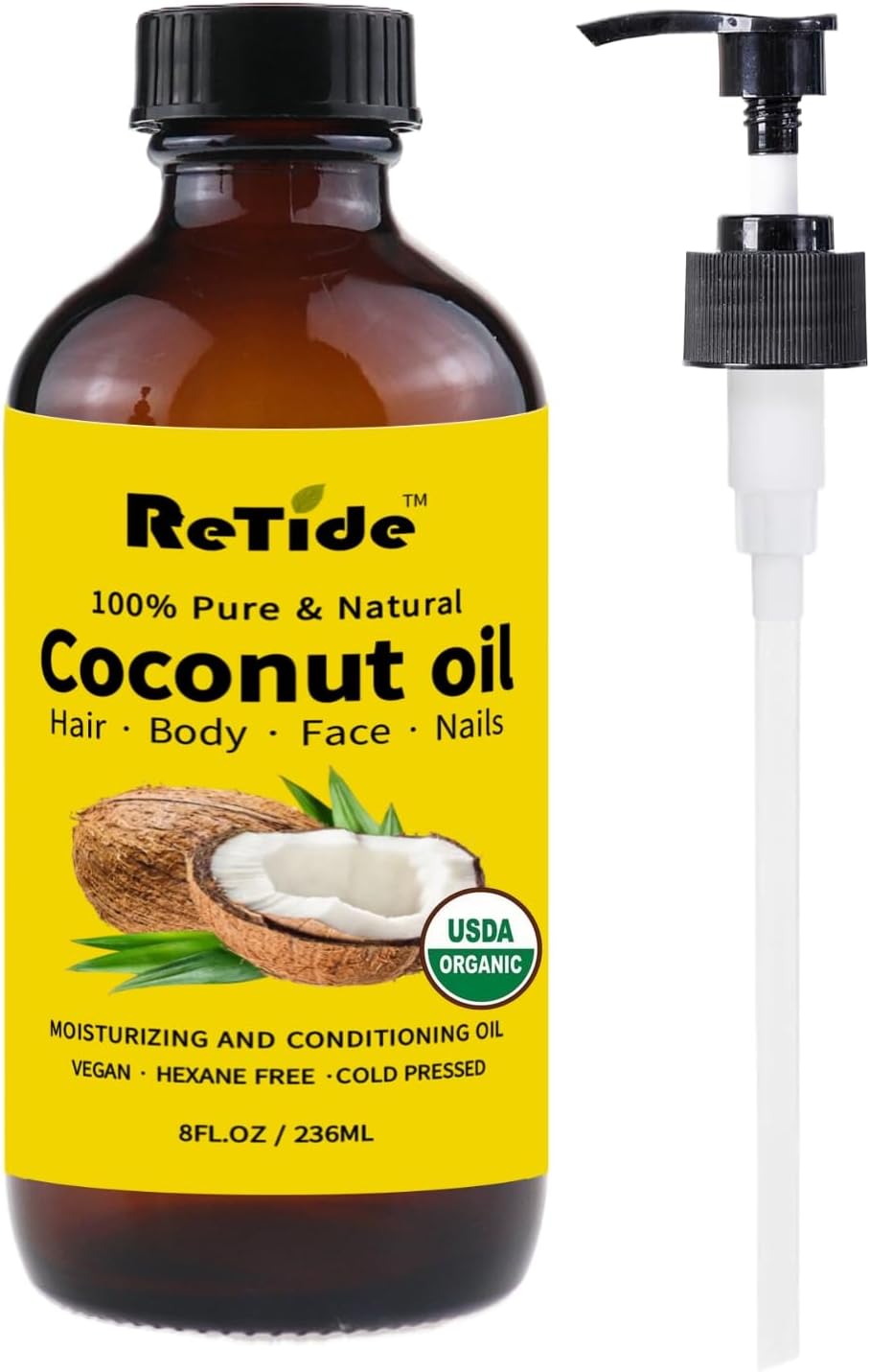 Organic Fractionated Coconut Oil, Cold Pressed Pure Liquid Carrier Oil with Pump, Hexane Free, Glass Bottle, 8 Fl Oz