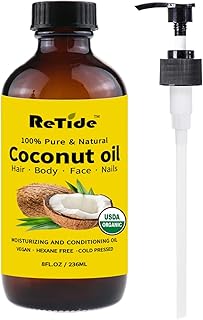 Organic Fractionated Coconut Oil, Cold Pressed Pure Liquid Carrier Oil with Pump, Hexane Free, Glass Bottle, 8 Fl Oz