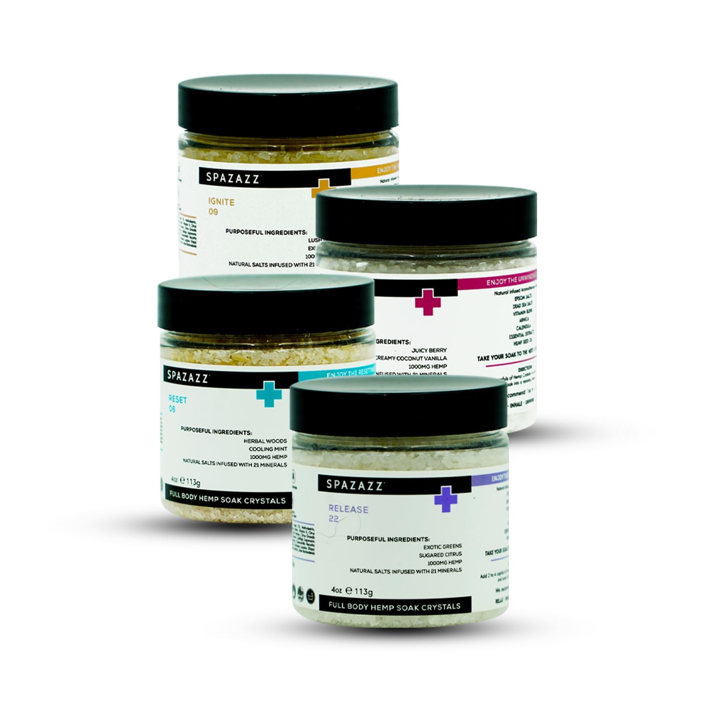 Spazazz Hot Tub Aromatherapy Full Body Hemp Soak Collection Sampler Pack - 4oz 1000 mg Hemp Spa Aromatherapy Hot Tub Bath Salt Crystals 4 Pack: Release 22, Reset 06, Unwind 17, Ignite 09