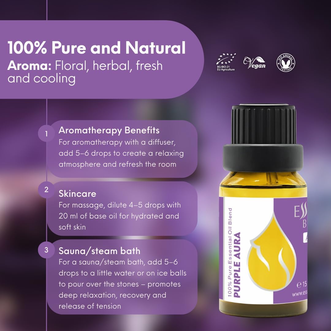 Essences Bulgaria Purple Aura Organic Essential Oil Blend 0.51 Fl Oz | 15ml | Lavender, Japanese Mint, Eucalyptus | Aromatherapy, Sauna & SPA | 100% Pure & Natural | Undiluted