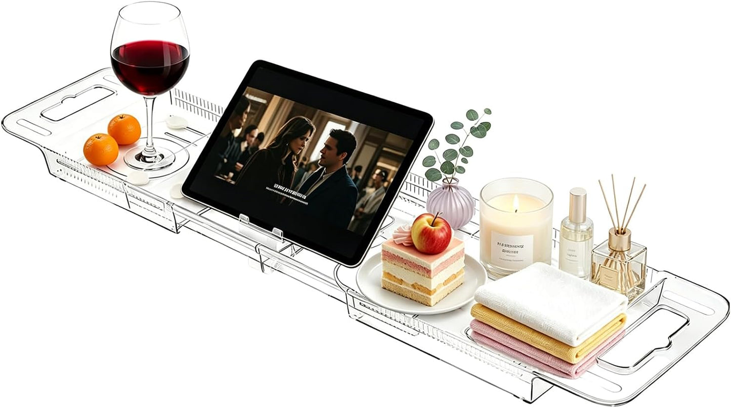 Expandable Bathtub Tray Caddy,Clear Acrylic Bath Tray for Tub,Bath Tub Table Tray with Book&Tablet&Phone Holder,Foldable Bath Shelf Over Tub,Bath Accessories&Bathtub Organizer for Luxury Home Spa