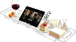 Expandable Bathtub Tray Caddy,Clear Acrylic Bath Tray for Tub,Bath Tub Table Tray with Book&Tablet&Phone Holder,Foldable Bath Shelf Over Tub,Bath Accessories&Bathtub Organizer for Luxury Home Spa