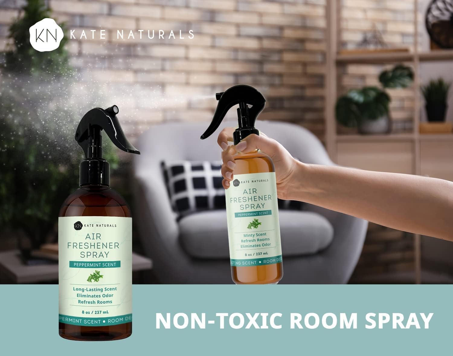 Kate Naturals Peppermint Air Freshener Spray for Room & Car with Natural Mint. Odor Eliminator Peppermint Spray for Bathroom & Linen (8 fl oz, Pet Safe, Non Toxic)