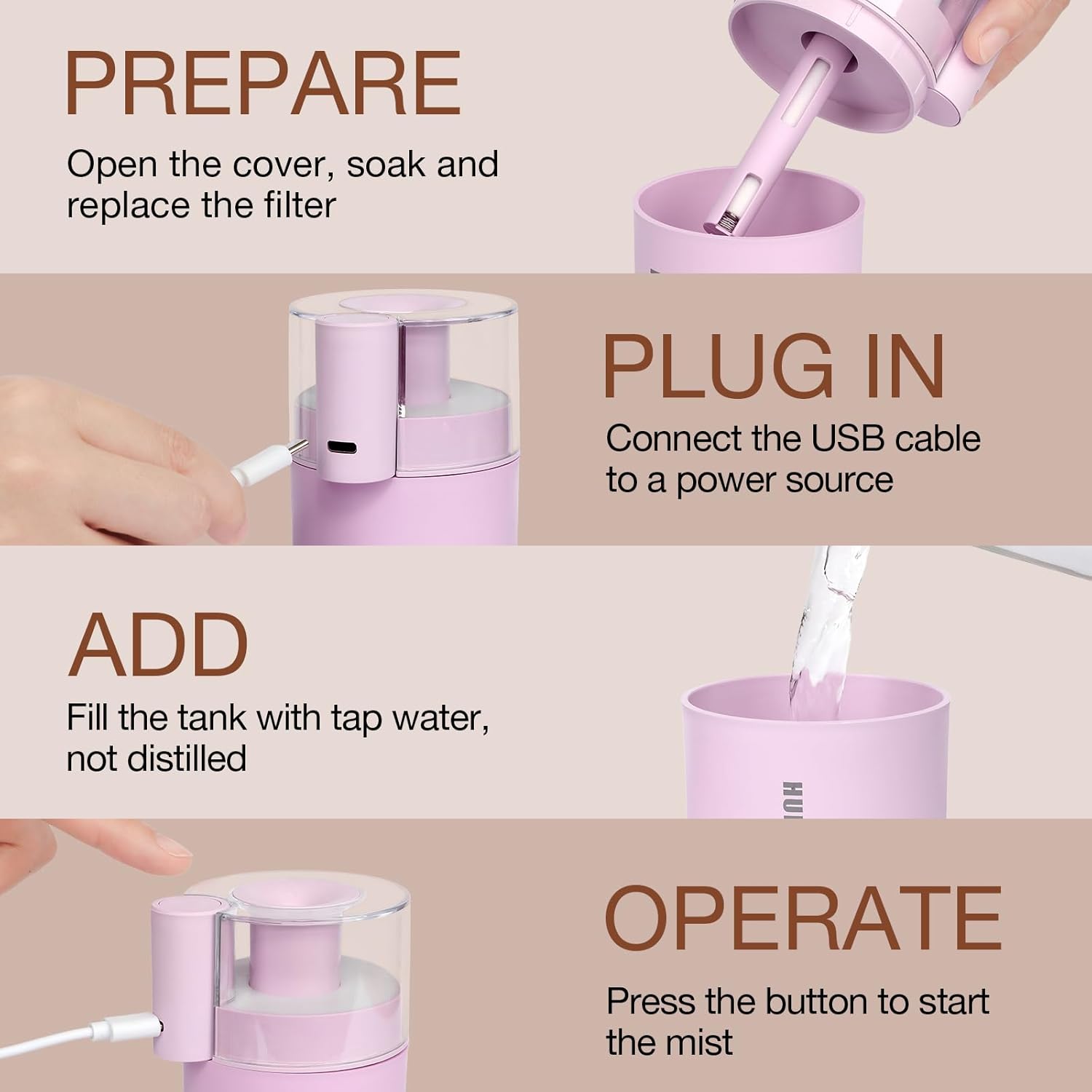 Small Mini Humidifier, USB Desk Cool Mist Humidifier Personal Portable Quiet Table Desktop Humidifiers for Cooling Home Office Car Summer Travel (180ml, Pink)