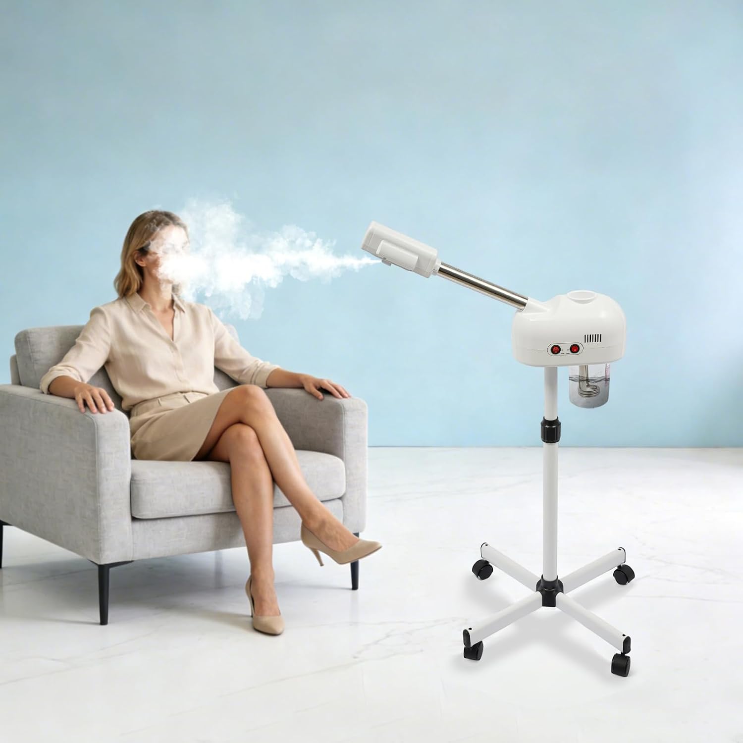 Professional Facial Steamer, Ozone Facial Steamer Warm Mist Skin Care Equipment with 360° Rotatable Nozzle Adjustable Height Wheels for Home Salon Spa Beauty