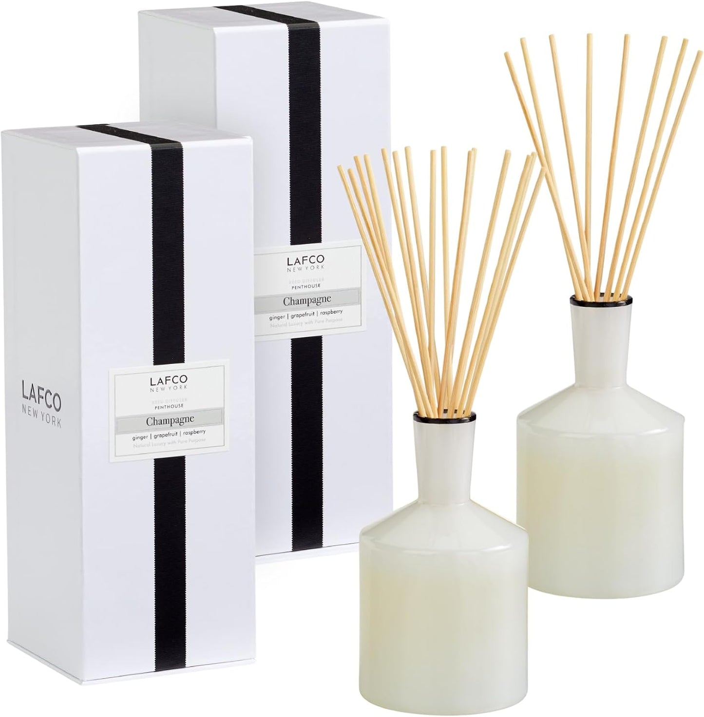 LAFCO New York Classic Reed Diffuser, Champagne - 6 oz, Pack of 2 - Up to 3 Months Fragrance Life - Reusable, Hand Blown Glass Vessel - Natural Wood Reeds - Made in the USA