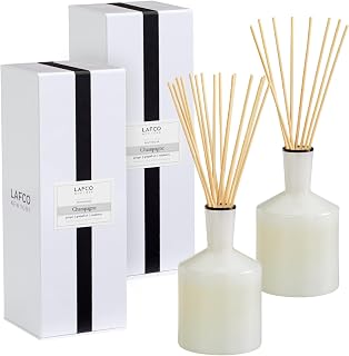 LAFCO New York Classic Reed Diffuser, Champagne - 6 oz, Pack of 2 - Up to 3 Months Fragrance Life - Reusable, Hand Blown Glass Vessel - Natural Wood Reeds - Made in the USA