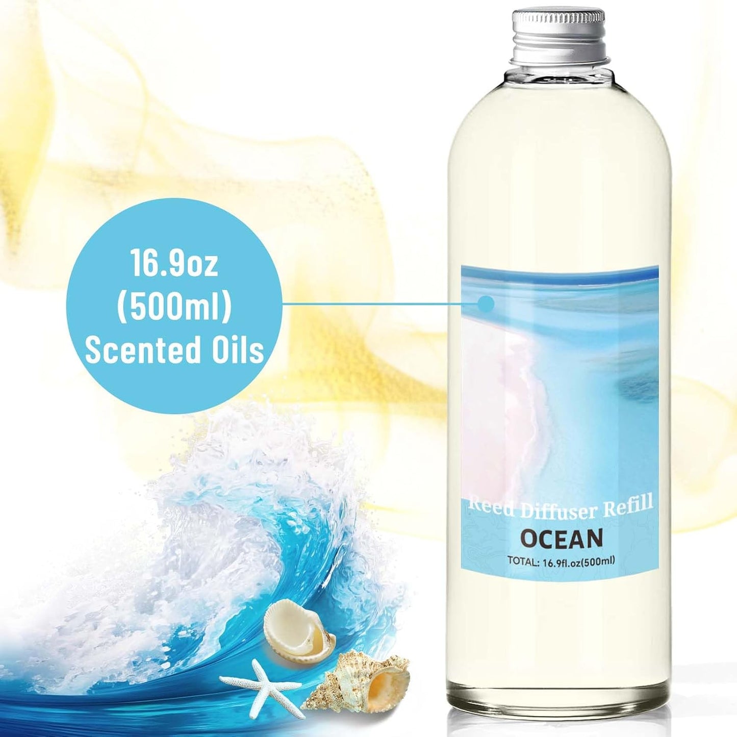 STRN Ocean Reed Diffuser Refill 500ml with 6 Natural Reed Sticks, Premium Refills Aromatherapy for Home, Long-Lasting Fragrance for Living Room, Bedroom, Office | Alcohol-Free