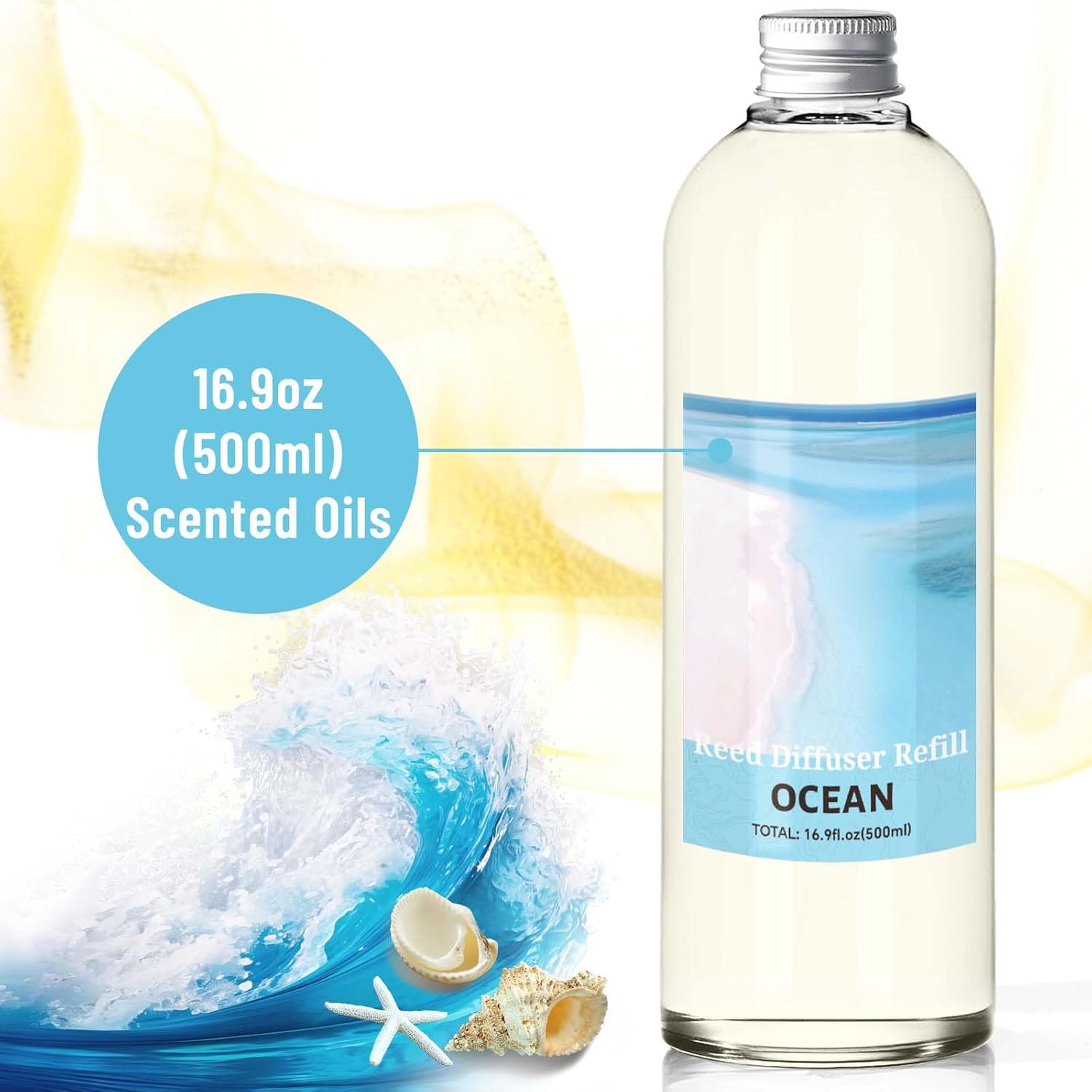 STRN Ocean Reed Diffuser Refill 500ml with 6 Natural Reed Sticks, Premium Refills Aromatherapy for Home, Long-Lasting Fragrance for Living Room, Bedroom, Office | Alcohol-Free