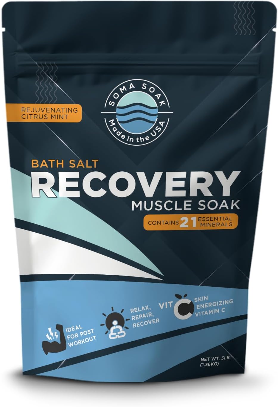 Muscle Recovery Magnesium Bath Soak Fast Absorbing - 21 Mineral Post Workout 3lb Bag Rejuvenating Citrus Mint