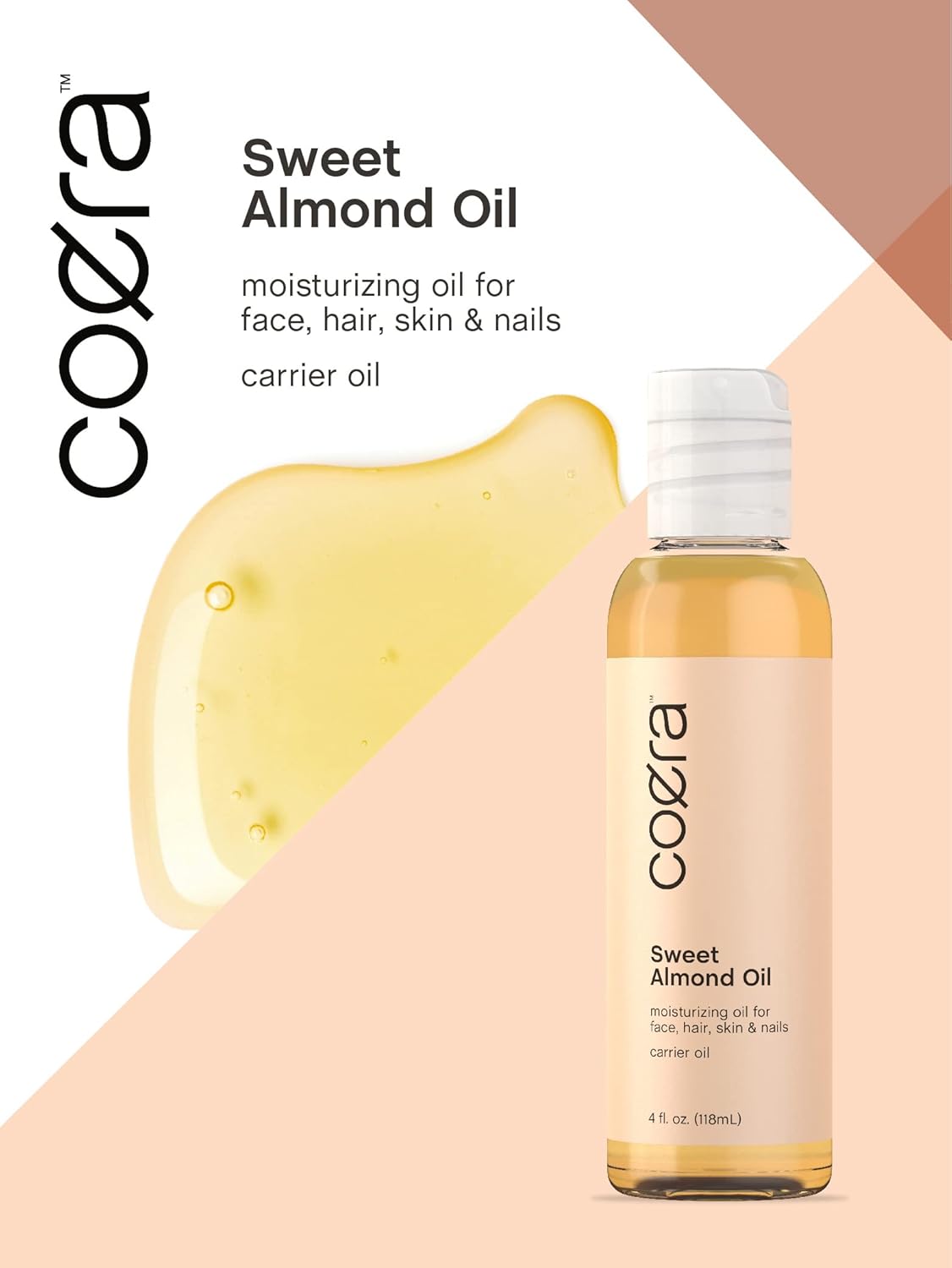 Coera Sweet Almond Oil | 4 fl oz | For Hair, Skin, Face, and Body | Cold Pressed & Hexane Free | Free of Parabens, SLS, & Fragrances