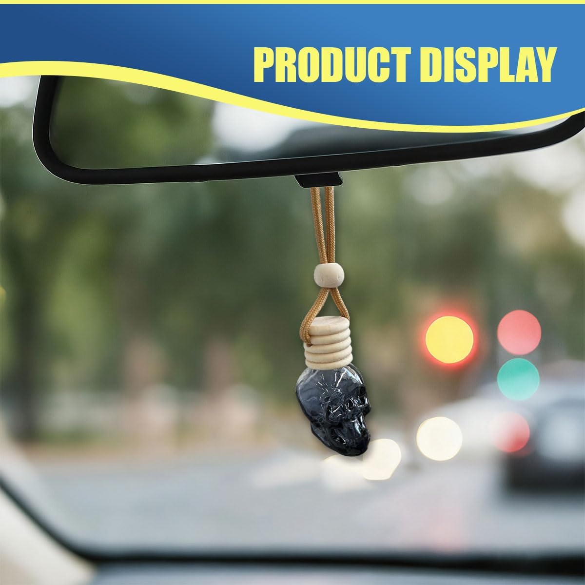 2PCS Hanging Car Essential Oil Diffuser Bottles, Skull Auto Interior Decoration Pendant, Refillable 8ml Empty Glass Bottle Auto Ornament, Funny Car Rear View Mirror Charm Accessories (Shoelace)