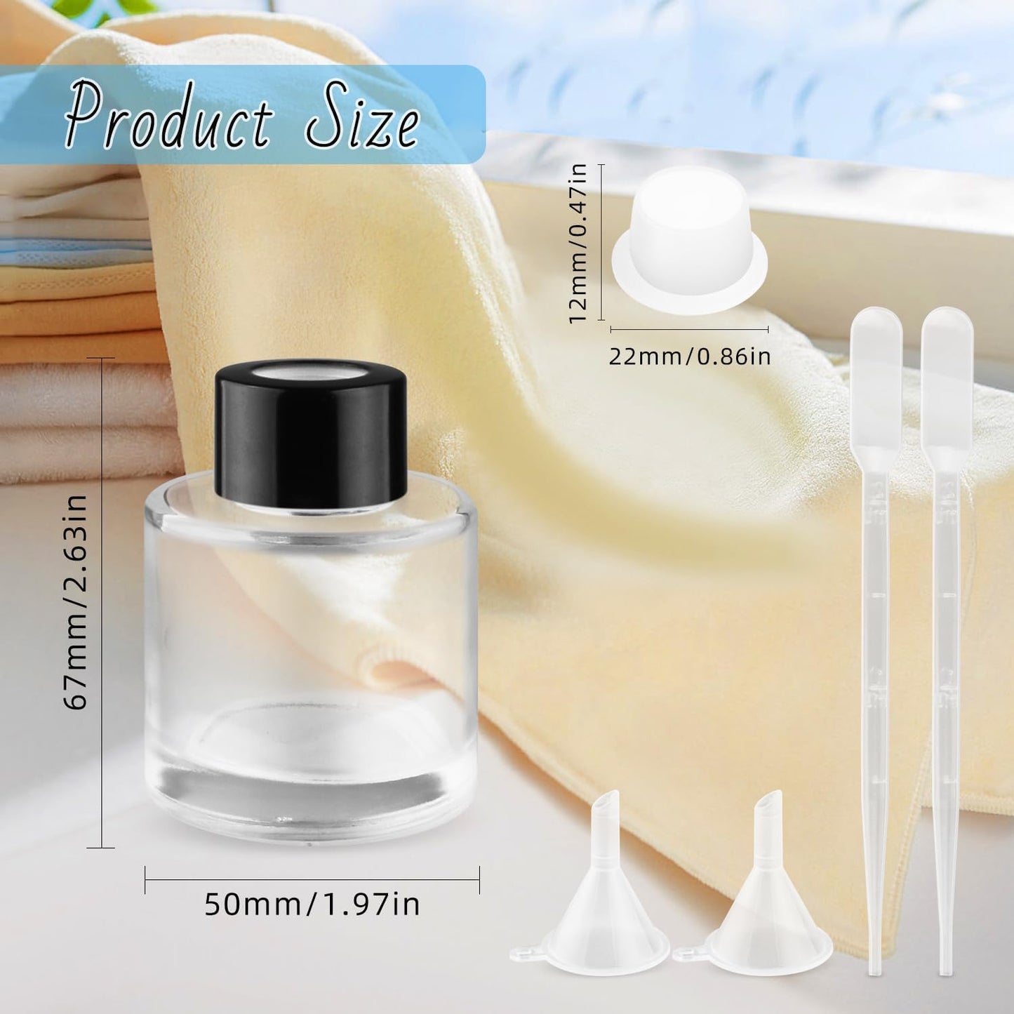 6 Pack 50ml/1.7oz Empty Clear Glass Diffuser Bottle with Black Cap Refillable Round-Shaped Essential Oil Containers Fragrance Diffuser Jars Use for Home and Office Decorative