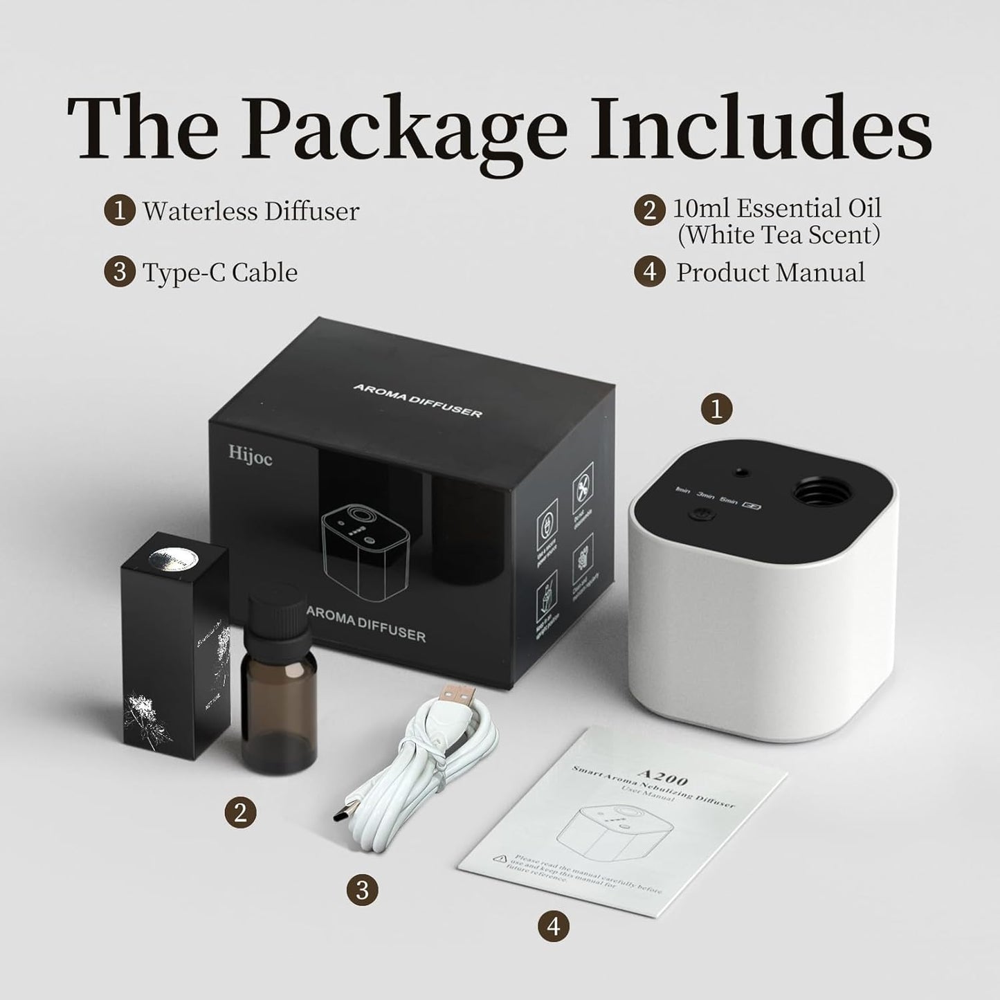 Waterless Essential Oil Diffuser,Portable Scent Diffuser with Battery Operated,3 Mist Modes,Fast Charging,Mini Aromatherapy Diffusers for Home,Bedroom,Office,Includes 10ml Essential Oil,White
