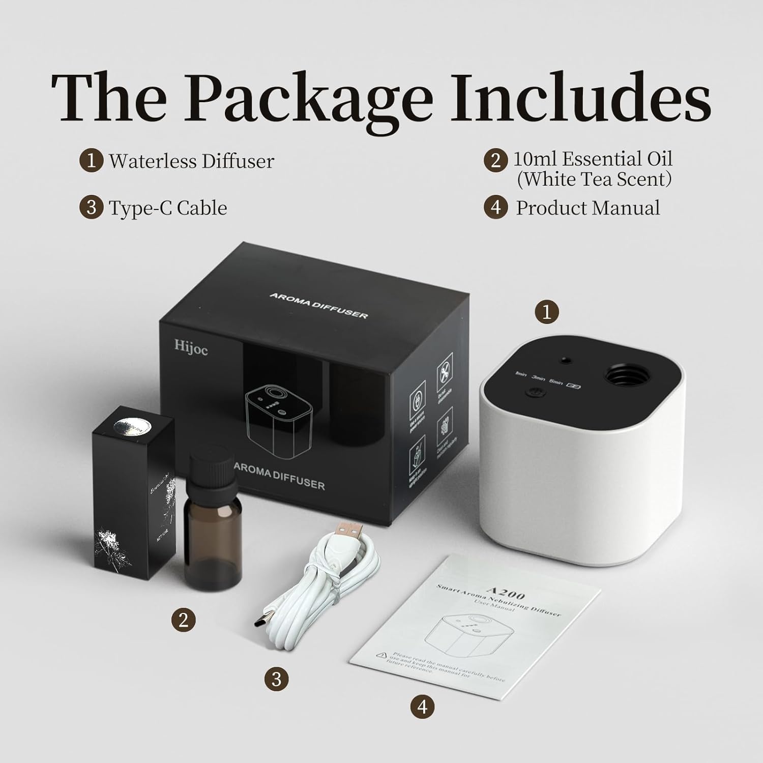 Waterless Essential Oil Diffuser,Portable Scent Diffuser with Battery Operated,3 Mist Modes,Fast Charging,Mini Aromatherapy Diffusers for Home,Bedroom,Office,Includes 10ml Essential Oil,White