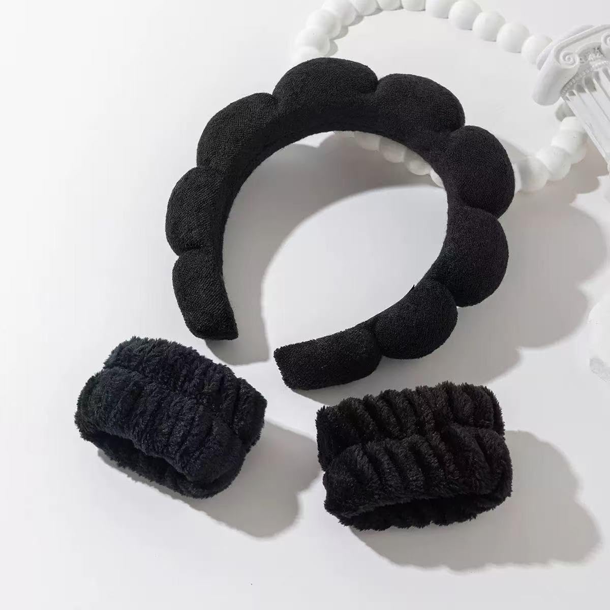 Spa Headband and Wristband Set for Women,Terry Cloth Sponge Headband for Washing Face,Makeup,Facial Mask and Skincare (Black, One Size)